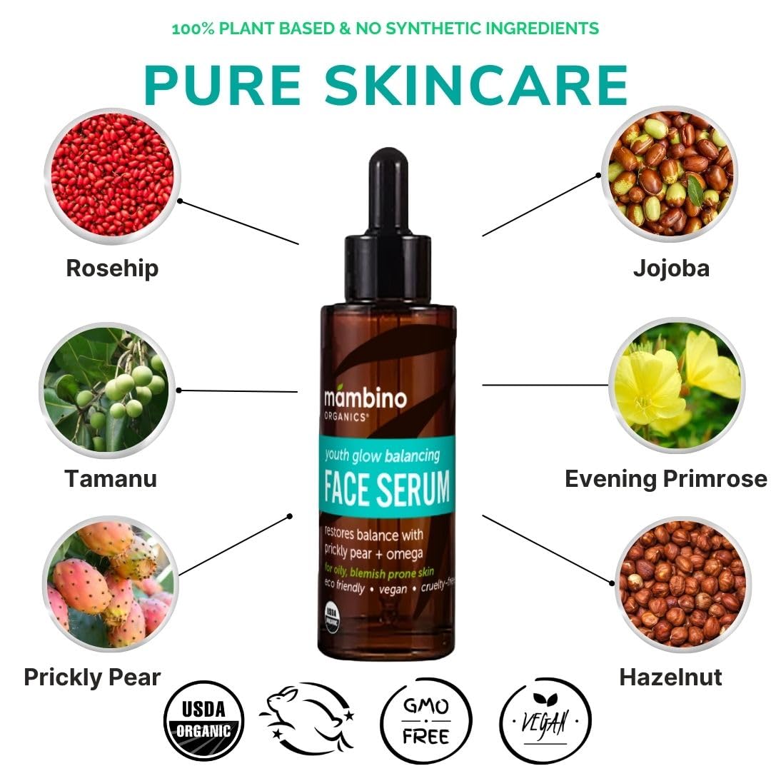 Youth Glow Balancing Serum – Organic, Face Serum with Tunisian Prickly Pear – Nourishing Omegas & Vitamin C for Oily, Blemish-Prone Skin – Cruelty-Free Skin Care by Mambino Organics, 1 fl oz