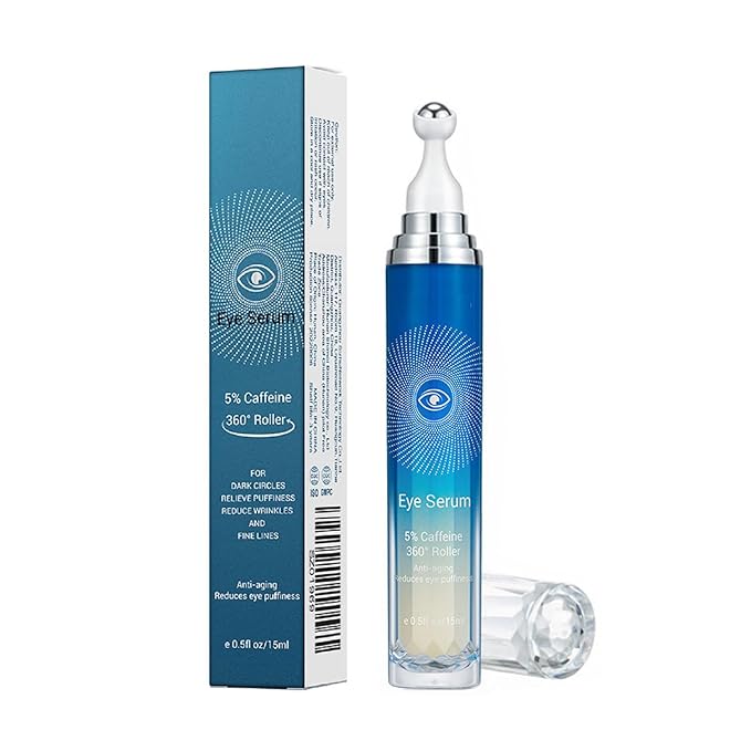 5% Caffeine Eye Serum, Anti-Aging Under Eye Roller Cream for Dark Circles Puffiness Wrinkles and Fine Lines, Korean Eye Care Cream with 360°Massage Ball, Eye Bags Treatment for Men and Women