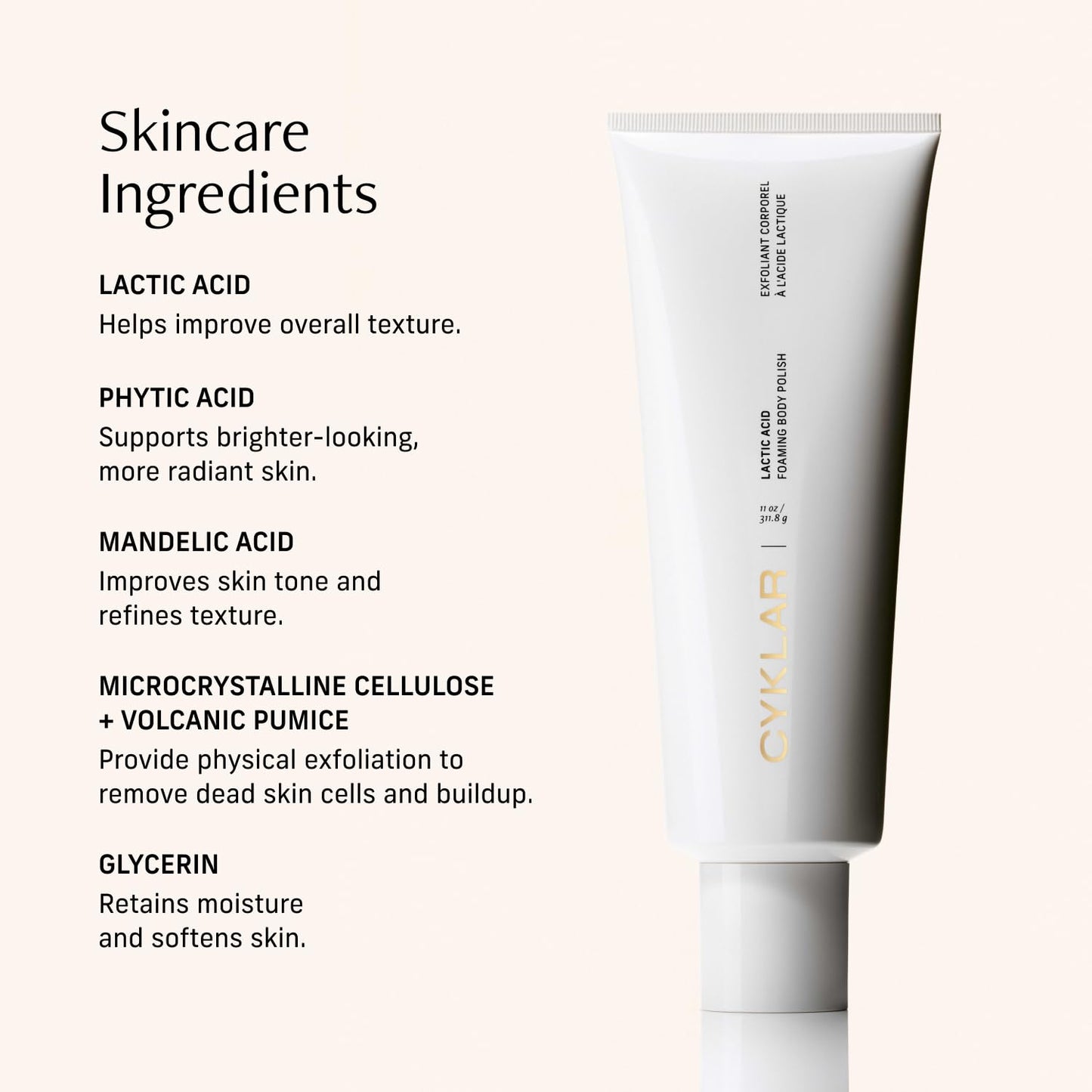 Cyklar Lactic Acid Foaming Body Polish – Exfoliating Body Wash with Chemical & Physical Smoothers – Includes Glycerin Hydration, Mandelic Acid & Volcanic Pumice. Fragrance-Free, 11 fl oz