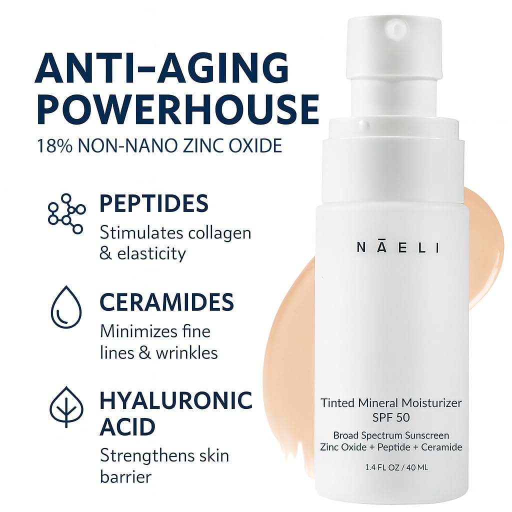 NAELI Anti Aging Tinted Moisturizer SPF 50, Mineral Sunscreen for Face with Zinc Oxide, Peptides & Ceramides, Natural Hydrating Light Tint - 1.4 oz