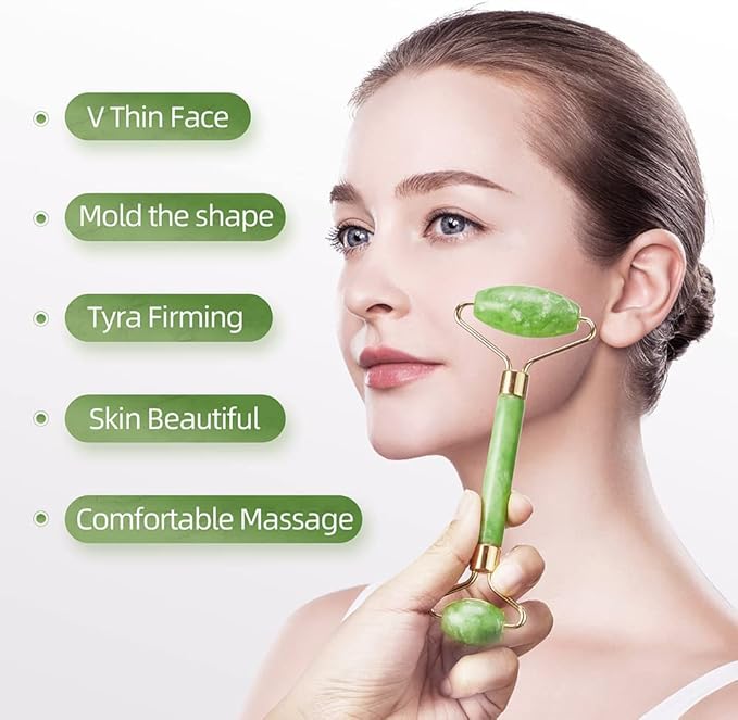 3-in-1 Natural Jade Roller and Gua Sha Set for Face and Eye Ice Roller Facial Cooling Massage Roller