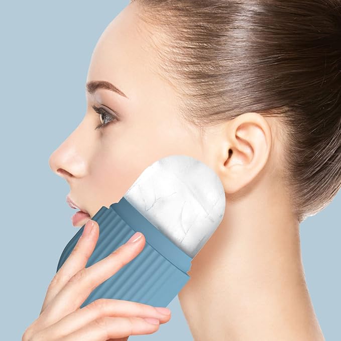 Ice Face Roller, Reusable Silicone Mold Face Massage Eye Facial Beauty Skin Care Tools Apply Ice for Shrink Pores Anti Wrinkle Reduce Puffiness Improve Skin Elasticity, Striped, Light Blue