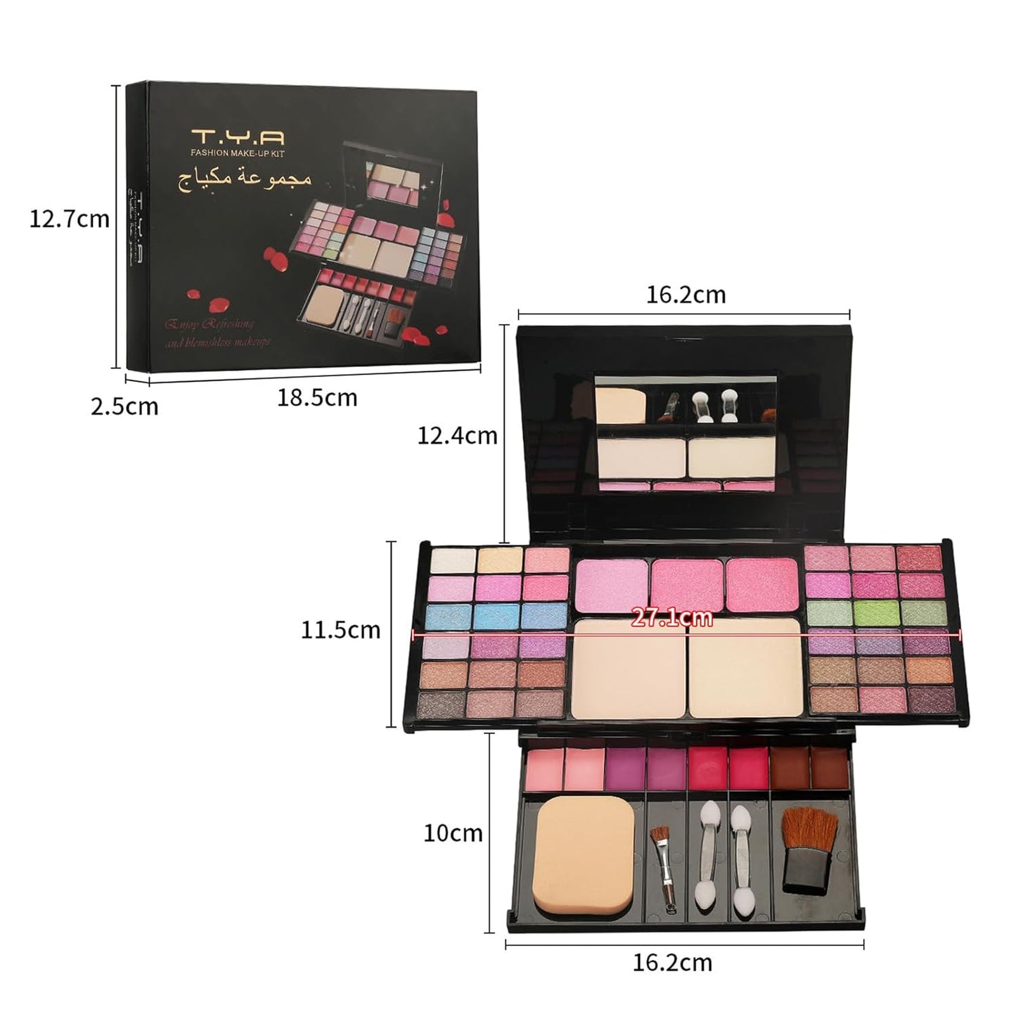 VolksRose Multi Functional Makeup Palette Set:36 Eyeshadow+3 Gradient Blushes+Lipsticks 8 Colors,Complete Tools (Powder Puff+Dual-Ended Brush+Sponge Sticks*2+Blush Brush+Mirror),Portable Present Case