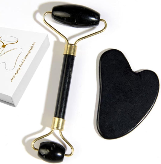 Natural Jade Roller & Gua Sha Set, Self Care Colorful Gift for Face Eye Neck Massager for Women Men, Jade Gua Sha Tool for Face for Skin Care, Improves Skin Tone-Beauty & Skincare (Black)