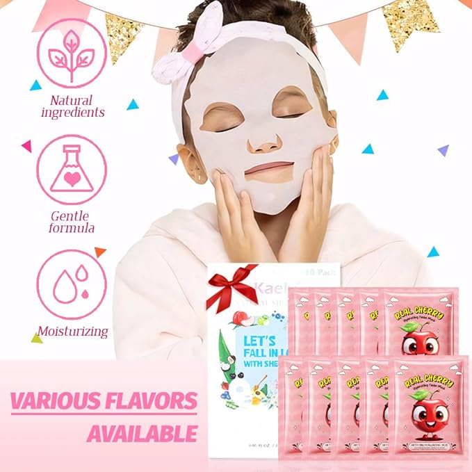 Kaely 10 Pack Cherry Face Masks for Kids, Kids Face Mask Spa Day kit Supplies, Spa Party Favors for Teens Girls Women, Sheet Facial Mask Skincare Gifts Set, Moisturize Soothe for All Skin Types, 06