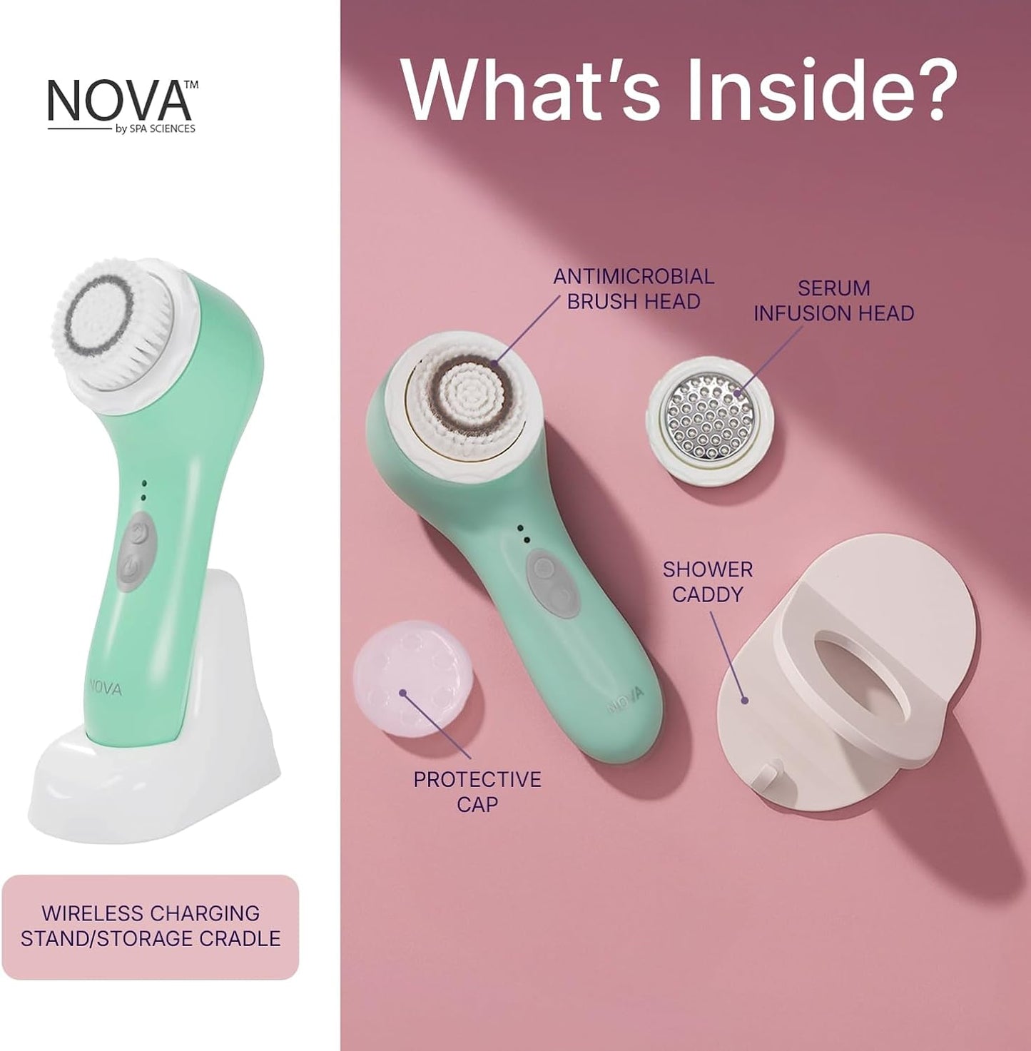 Spa Sciences - NOVA - Sonic Cleansing Brush with Bristles & Infusion System – Anti-Aging Facial Exfoliating, Waterproof, and USB Rechargeable