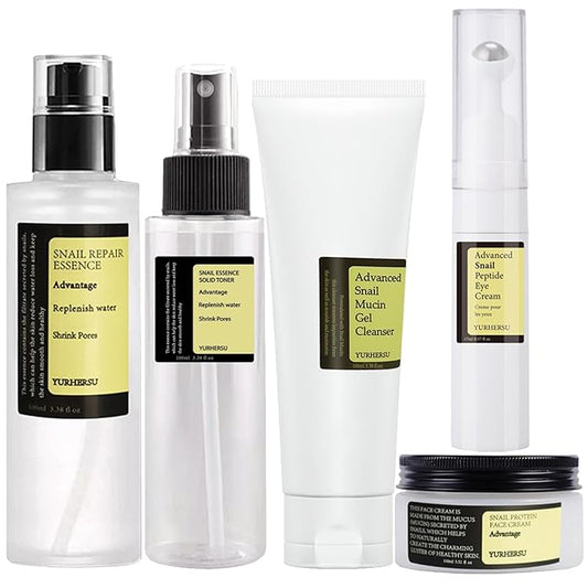 All About Snail Mucin Kit - Snail Korean Skincare 5-Pack, Snail Skin Care Products Set: Face Gel Cleanser, Serum, Cream, Toner, Eye Cream Facial Kit for Women & Men Hydrating & Anti-Aging