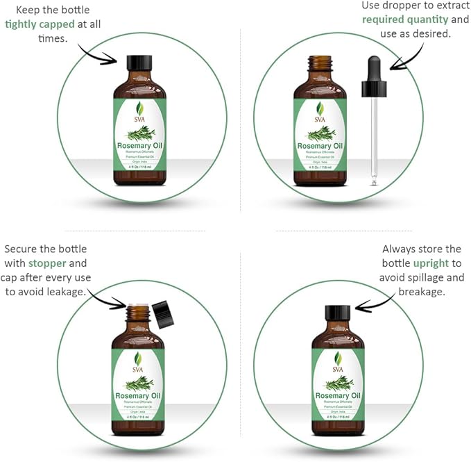 SVA Rosemary Essential Oil – 4 Fl Oz – 100% Natural Rosemary Oil for Hair, Face, Skin Care, Diffuser, Aromatherapy, Scalp, Body Massage, Soap and Candle Making – with Dropper