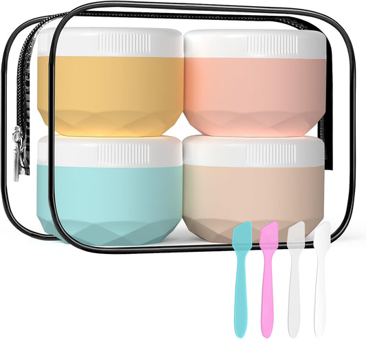 Travel Containers for Toiletries, 4-Pack TSA Approved Silicone Jars (1oz) - BPA Free Leakproof Cosmetic Containers for Creams, Lotion, Skincare & Makeup with Bonus Waterproof Bag