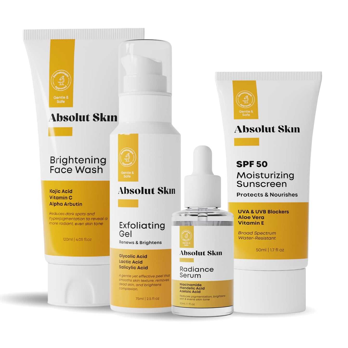 AbsolutSkin Balance Bundle – 4-Step Skincare Routine for Radiant, Even Skin – Includes Face Wash, Exfoliator Gel, Radiance Serum & SPF50 Sunscreen – Brightening Essentials Kit