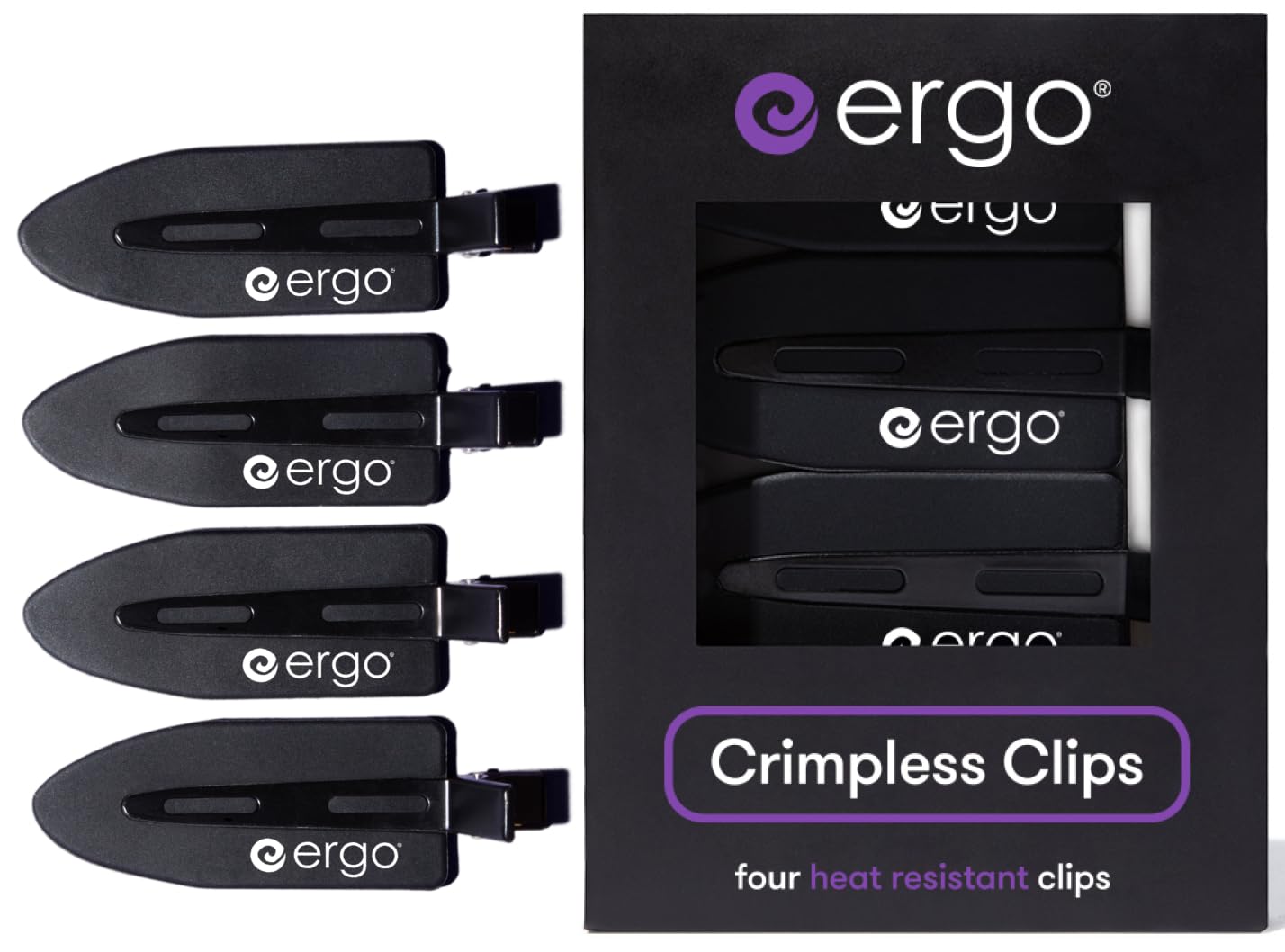 ERGO No-Crease Hair Clips – 4 Pcs Heat-Resistant Crimpless Clips for Hair Styling, Sectioning, Makeup | No Bend Clips for Women, Curls, Bangs, Salon Use