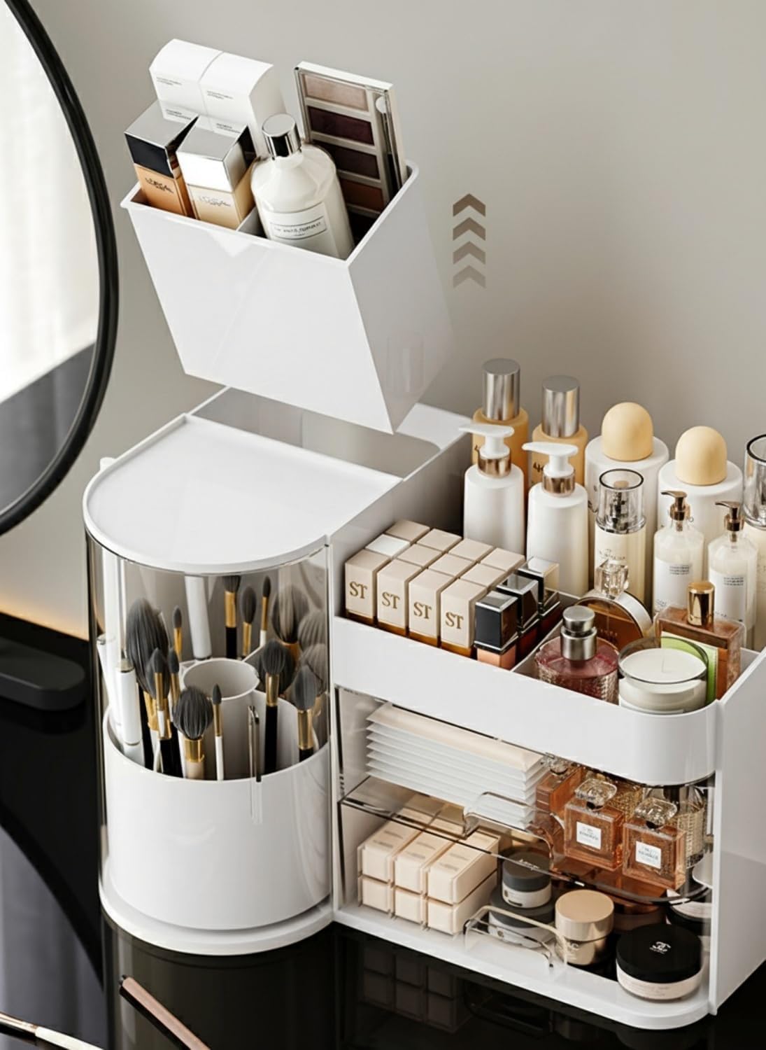 Makeup Organizer with Rotating Brush Holder Cosmetic Organizer with Drawers Countertop Skincare Organizer for Vanity,Cosmetic Display Case Storage (White, Large)