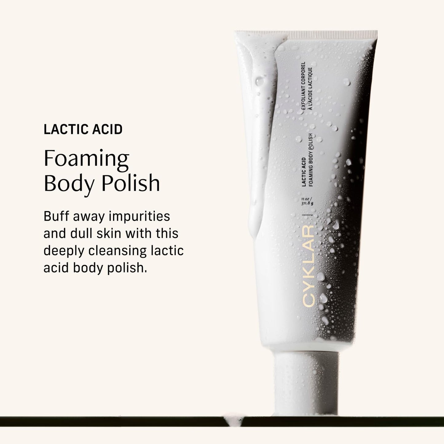 Cyklar Lactic Acid Foaming Body Polish – Exfoliating Body Wash with Chemical & Physical Smoothers – Includes Glycerin Hydration, Mandelic Acid & Volcanic Pumice. Fragrance-Free, 11 fl oz