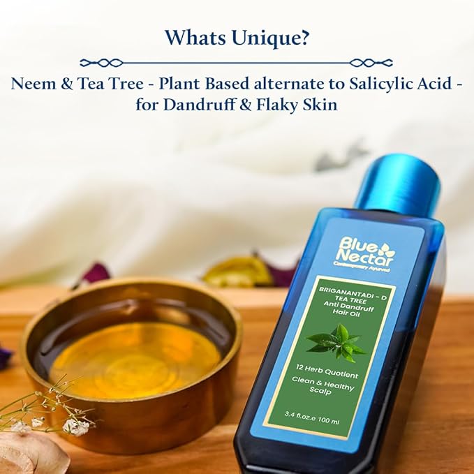Blue Nectar Tea Tree Oil for Hair | Natural Anti Dandruff Oil for Scalp | Ayurvedic Plant Based Neem Amla Hair Oil (12 Herbs, 3.38 Fl Oz)