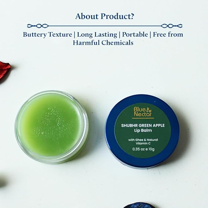 Blue Nectar Herbal Ayurvedic Lip Balm with Green Apple Vitamin C & Organic Ghee for Dry Lips | Hydrating Lip Gloss with Clean Ingredients (0.35 oz, 10 herbs)
