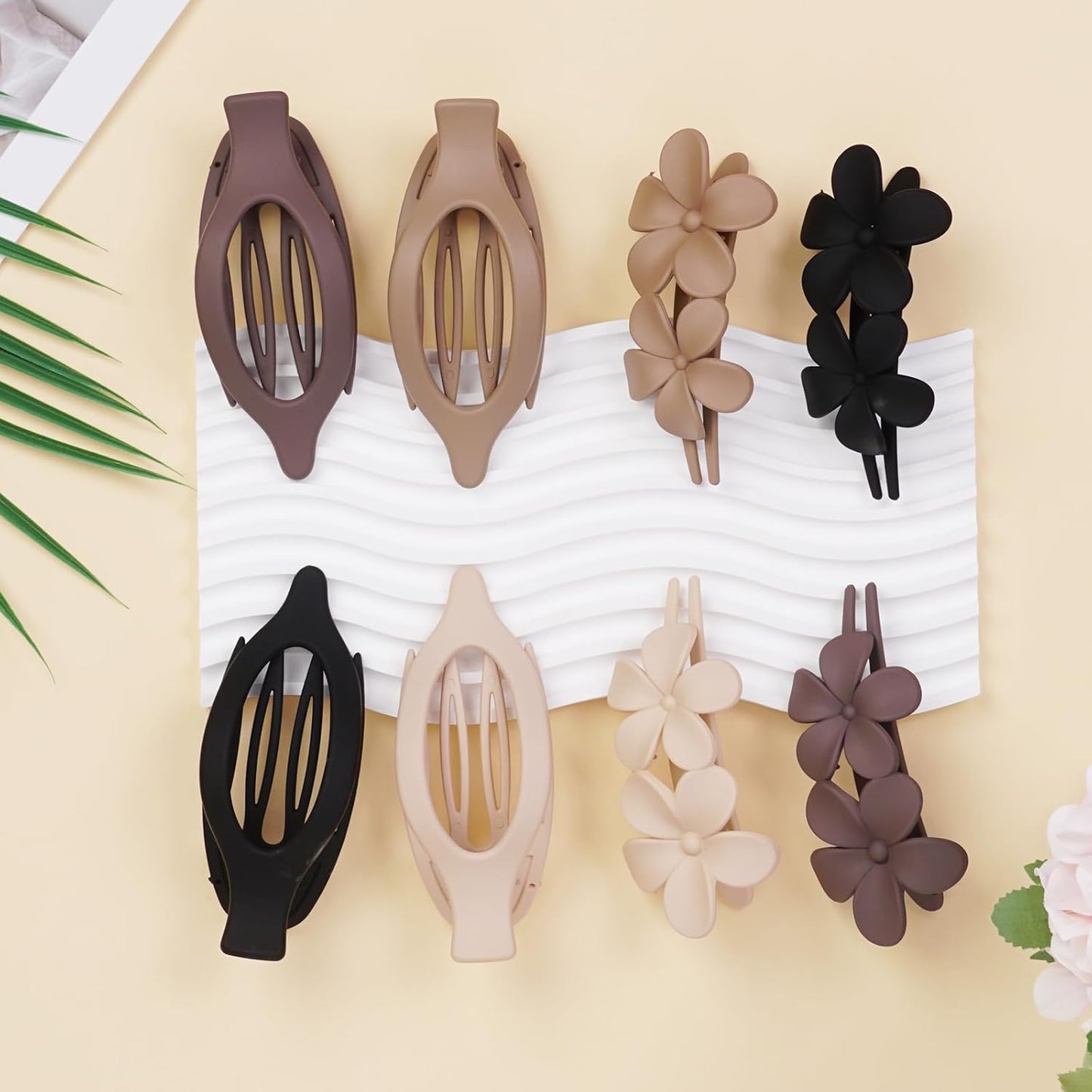 8 Pack Flat Hair Clips for Women – Matte Neutral Claw Clips & Flower Hair Pins Barrettes Set in Black, Blonde,Light Brown & Dark Brown for Thick & Thin Hair