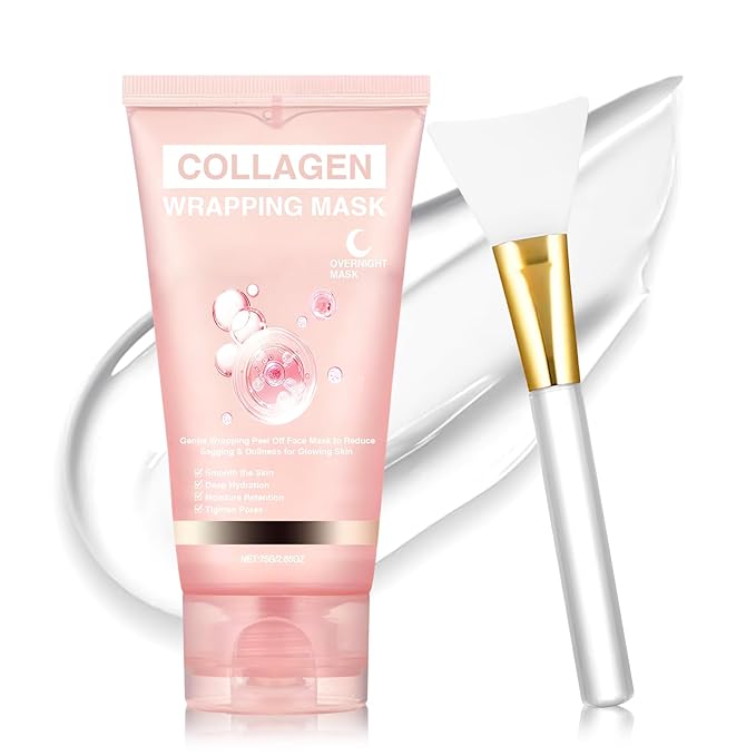 Collagen Overnight Wrapping Peel Off Face Mask Overnight Collagen Face Mask -Deep Hydration Care, Reduce Sagging & Dullness-Korean Skin Care for Glowing Skin 2.65 fl.oz, Brush Included(Pink)