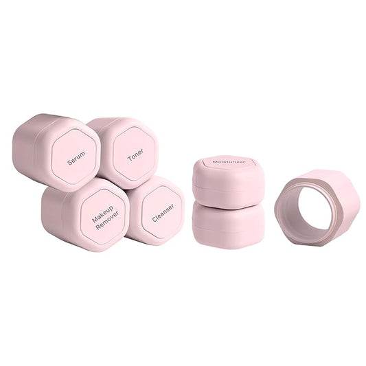 Cadence Travel Containers - Full Skincare Set - Magnetic Travel Capsules - 2 Small (0.56oz), 4 Medium Capsules (1.32oz), & Extender (1.43oz) with Multiple Labels for Better Organization - Petal