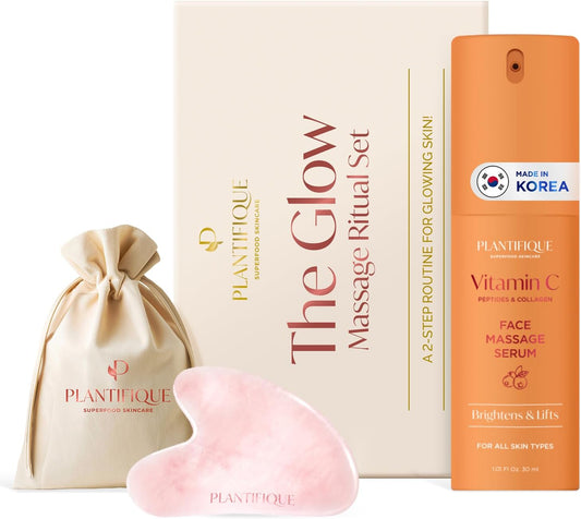 PLANTIFIQUE Massage Ritual Set Premium Certified Rose Quartz Gua Sha + Vitamin C Serum Skin Care Set, Birthday Gifts for Women, Teens, Mom, Brides