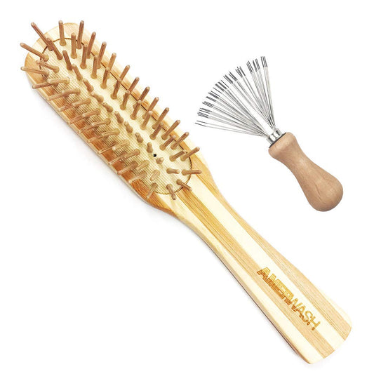 Bamboo Hair Brush with Cleaning Tool Set For Women Men, Bamboo Bristle Wood Paddle Detangling Brush Helps Hair Growth, Enhance Shine & Health, Massaging Scalp