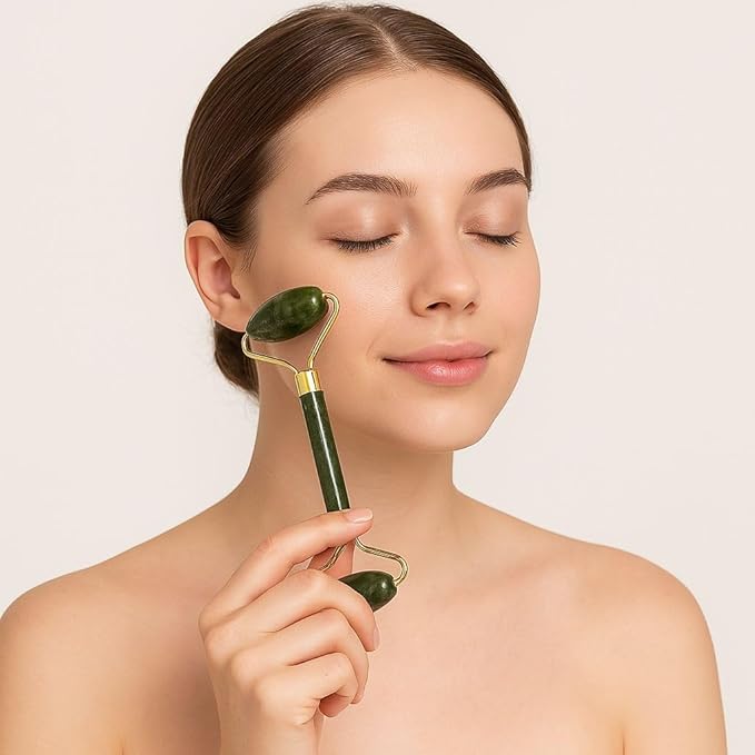 Jade Massage Roller & Gua Sha Tools Set – Natural Facial & face Massager for Relaxation, Blood Circulation,Green