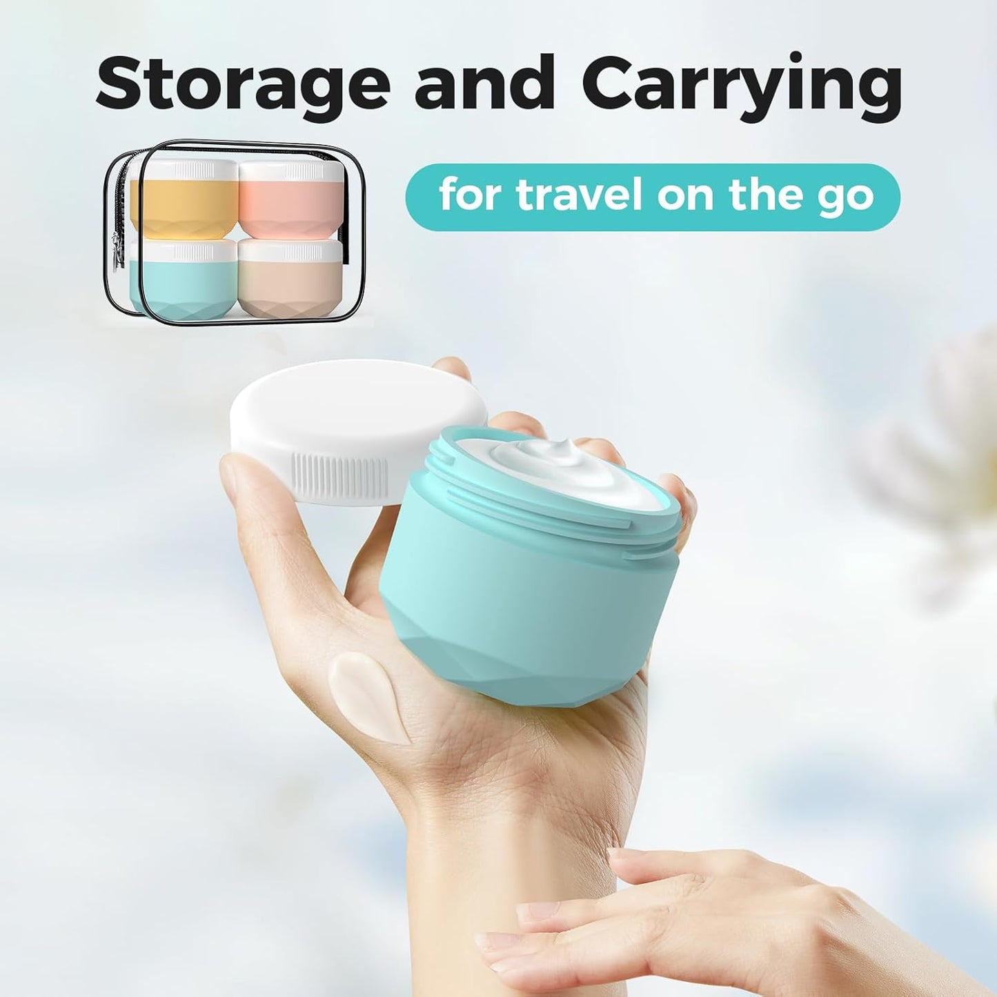 Travel Containers for Toiletries, 4-Pack TSA Approved Silicone Jars (2.5oz) - BPA Free Leakproof Cosmetic Containers for Creams, Lotion, Skincare & Makeup with Bonus Waterproof Bag