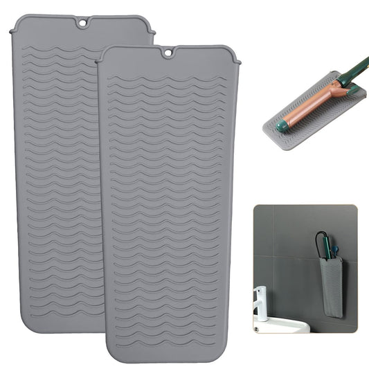 2 Heat Resistant Silicone Mat with Hanging Hole, Straightener Heat Resistant Travel Mat & Pouch for Curling Iron, Flat Iron and Other Hot Hair Styling Tools, 11 x 5 in, Gray