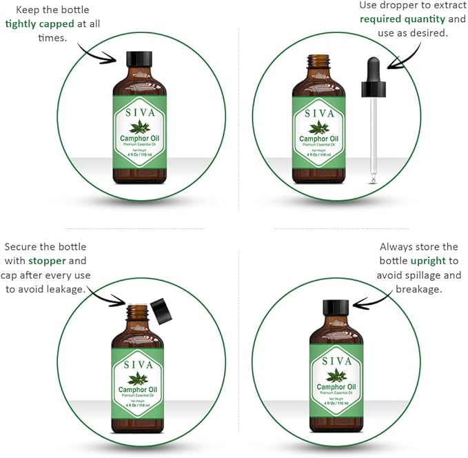 Siva Camphor Essential Oil - 4 Fl Oz – Natural Camphor Oil - for Diffuser, Face, Skin Care, Aromatherapy, Hair Care, Scalp and Body Massage - with Dropper