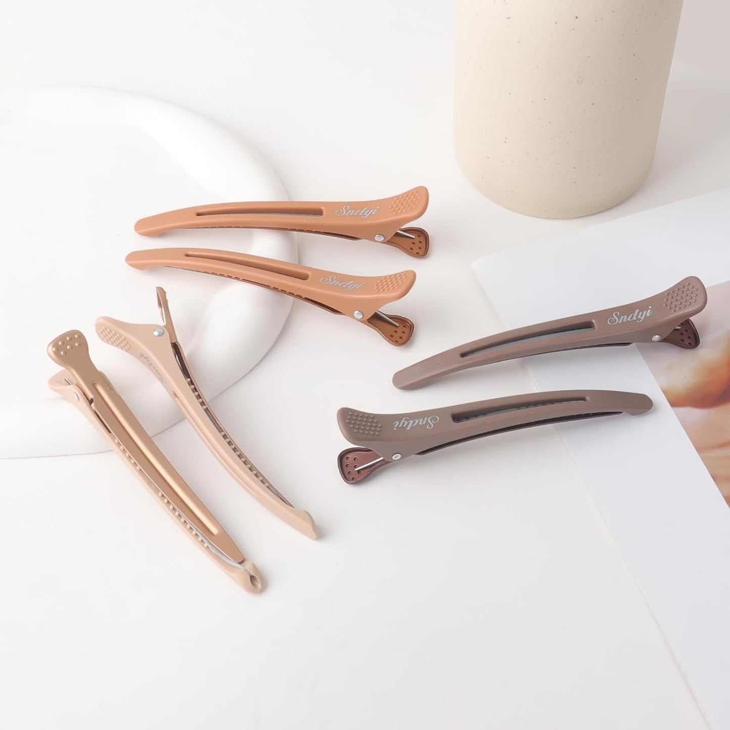 Sndyi 6pcs Neutral Sectioning and Styling Clips - Non-Slip Duck Billed With Silicone Band for Salon, Hairdresser, Barber Use