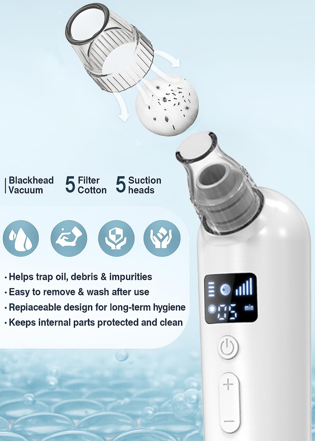 Vacuum Blackhead Remover Pore Cleaner with Heat & Red Light 5 Suction Levels Nose Pore Cleaner Rechargeable with LED Display, 6 Probes & Bonus Blemish Extractor Tools, Skincare Gift for Women