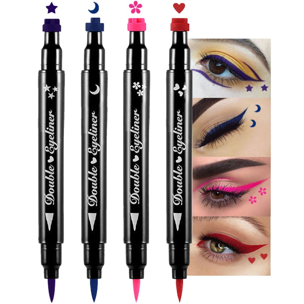 evpct Colored Winged Eyeliners Stamp 4 in 1 Stars Flowers Hearts Moon Face Makeup Stamp Set Eye Liners for Women Waterproof Purple Blue Red Pink Liquid Eyeliner Colorful Set Wingliner Shapes
