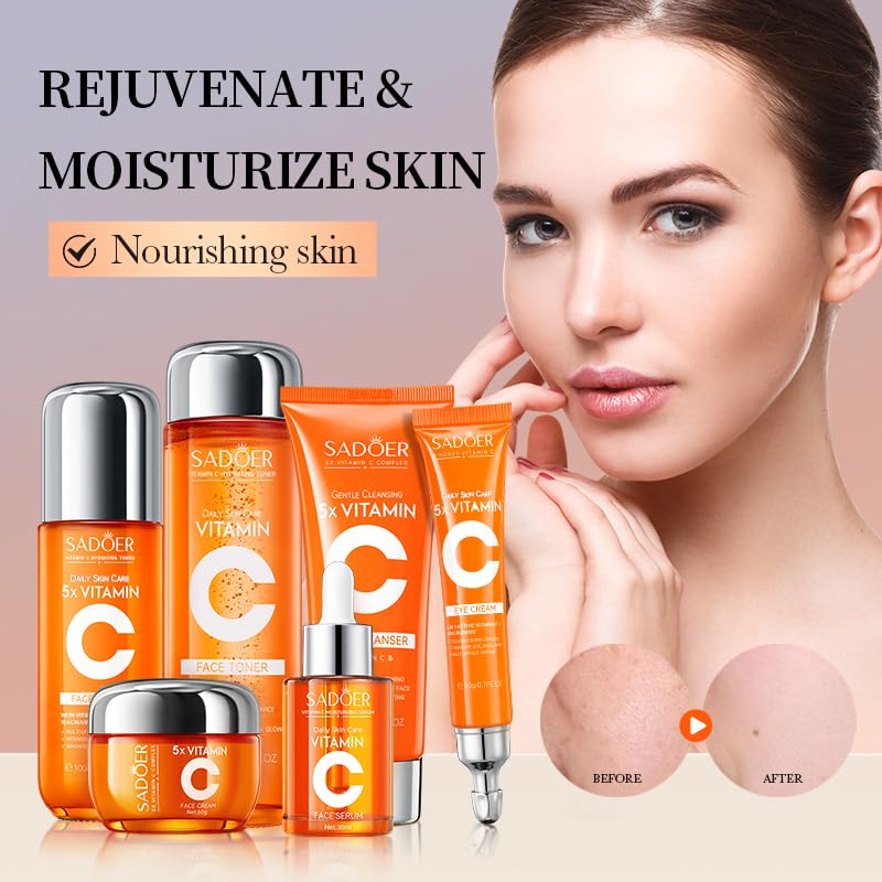 Compatibility Vitamin C Skincare kit SADODER,Skin Hydration | 2x Gift Box ( 6-Piece Face Care Kit ) Includes Toner,Serum, Cleanser,Moisturizer,Eye Cream & Body Lotion,Gift,Women