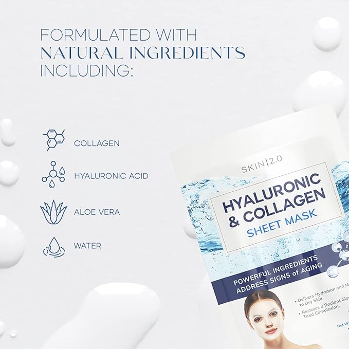 Hyaluronic Acid & Collagen Sheet Mask - Hydrating, Anti-Aging, Skin Firming - Dermatologist Tested Korean Skincare - Clean Beauty, Natural Ingredients, Cruelty-Free, All Skin Types - 5 Masks