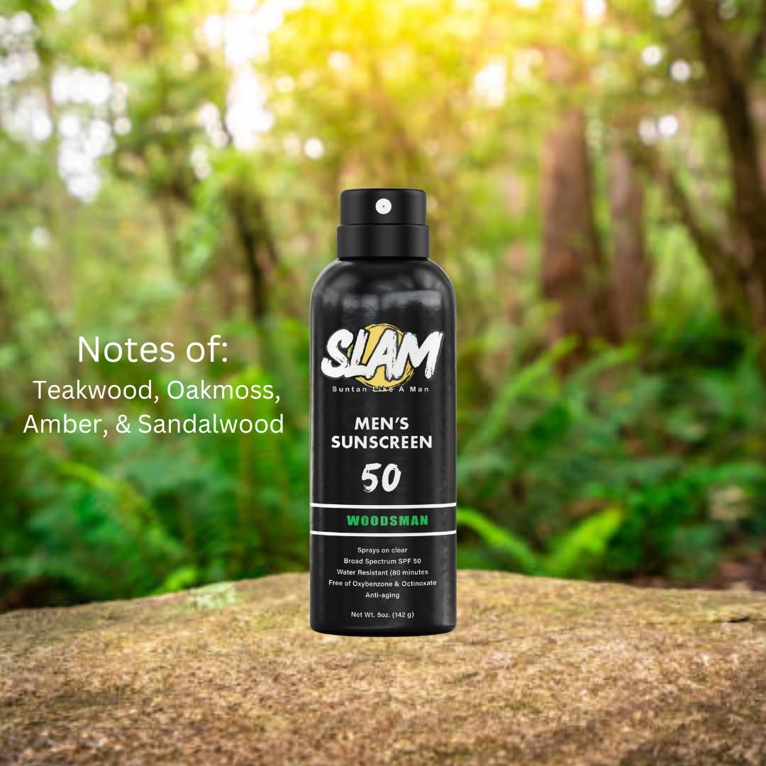 SLAM WoodsMan Men's Scented Sunscreen Spray SPF 50 – Broad Spectrum Sun Screen for Face & Body, Waterproof & Sweat Resistant Spray Sunscreen SPF 50, UVA/UVB Protection, Mens Sunblock