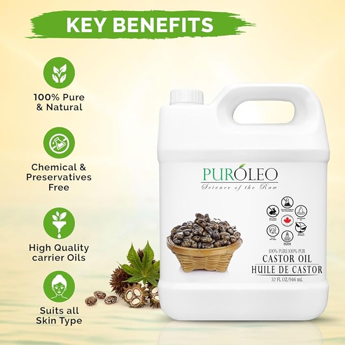 PUROLEO Castor Oil 32 Fl Oz/946 ML (Packed In Canada) 100% Pure and Natural Hair, Lash, Beard, Eyelashes & Eyebrow Oil Black castor oil for brow lashes, Make eyelash serum, hair serum for dry hair