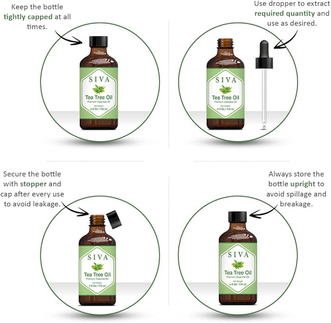SIVA Tea Tree Essential Oil - 4 Fl Oz – Natural Tea Tree Oil - for Diffuser, Face, Skin Care, Aromatherapy, Hair Care, Scalp and Body Massage - with Dropper