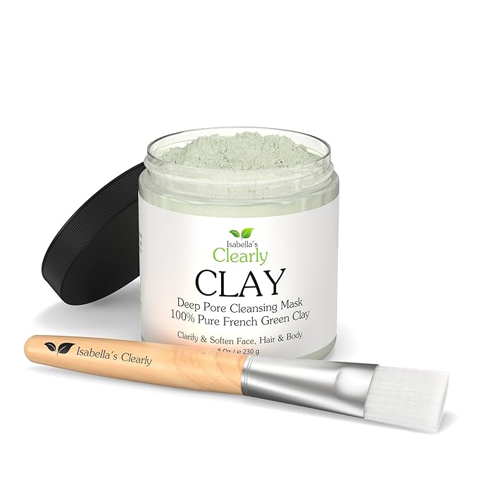 Deep Pore Cleansing French Green CLAY for Face, Body, Skincare | Natural Hydrating Facial Mask for Blackheads and Pores + Body Mask + Clarifying Hair Mask (Bulk 8 Oz + Applicator Brush)