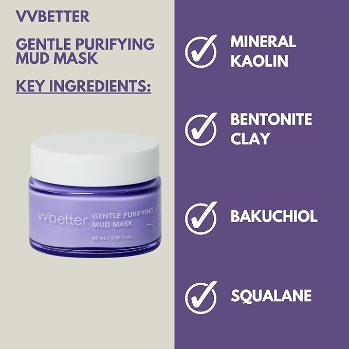 Gentle Purifying Mud Mask - Bentonite and Kaolin Clay Mask for Blackheads and Pores - Mineral Detox Korean Skincare for Glowing and Balanced Skin - For All Skin Types - 2.02 Ounces
