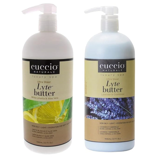 Cuccio Naturale Lyte Ultra-Sheer Body Butter Duo: White Limetta & Aloe Vera and Lavender & Chamomile – 32 oz Each – Lightweight, Deep Hydration for Silky Smooth Skin