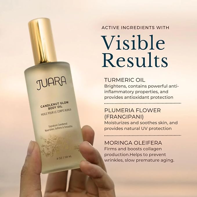 Juara Candlenut Glow Body Oil — Deluxe Hydration for Skin, Hands, Feet, Hair — Dry Skin Therapy — Moisturizing Treatment — Lightweight Formula — Paraben and Sulfate Free — 100% Vegetarian — 4 oz
