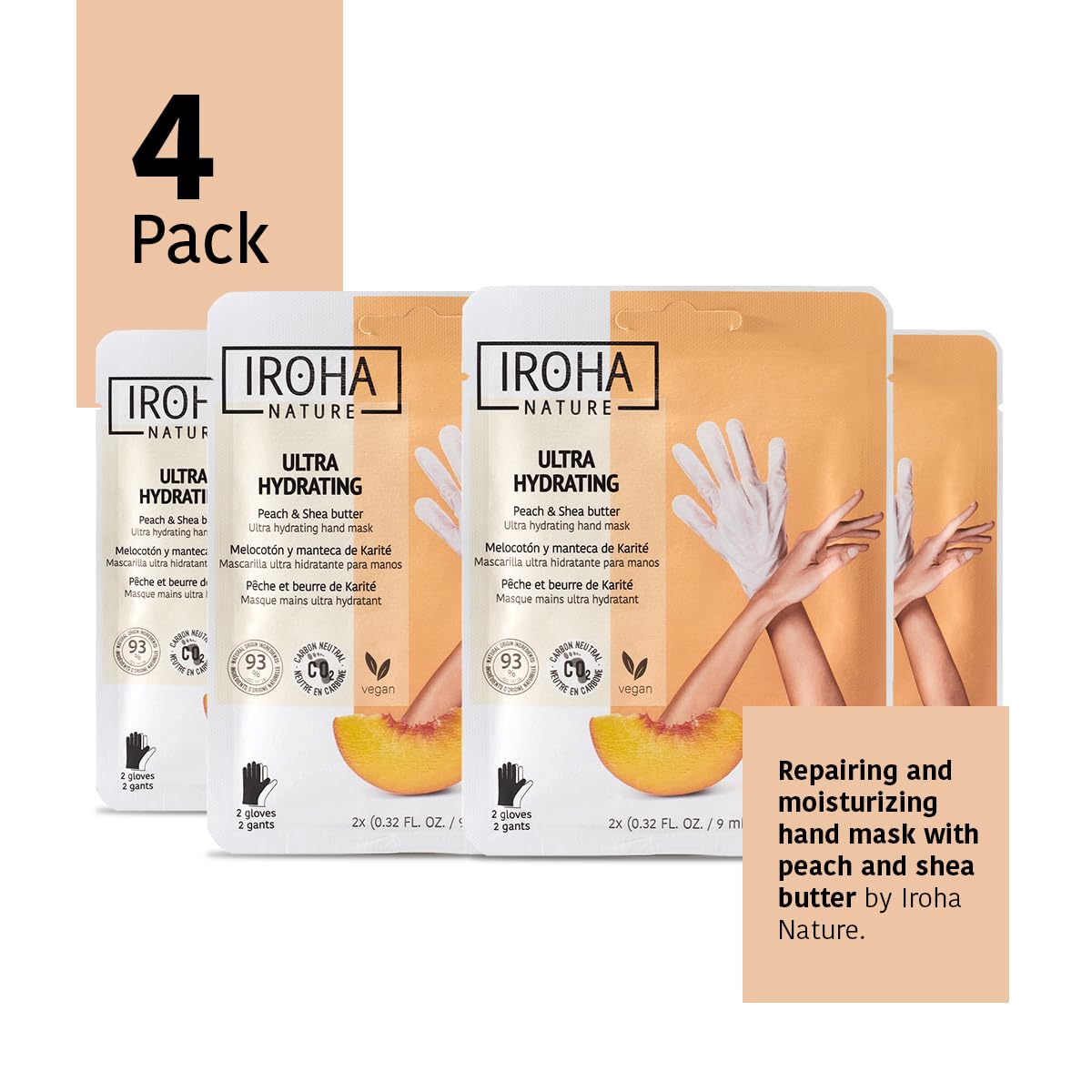 IROHA NATURE Repairing Hand Mask Gloves | 4 Pairs | Peach & Shea Butter | Hydration & Repair for Damaged & Cracked Hands | Vegan & 93% Natural Ingredients