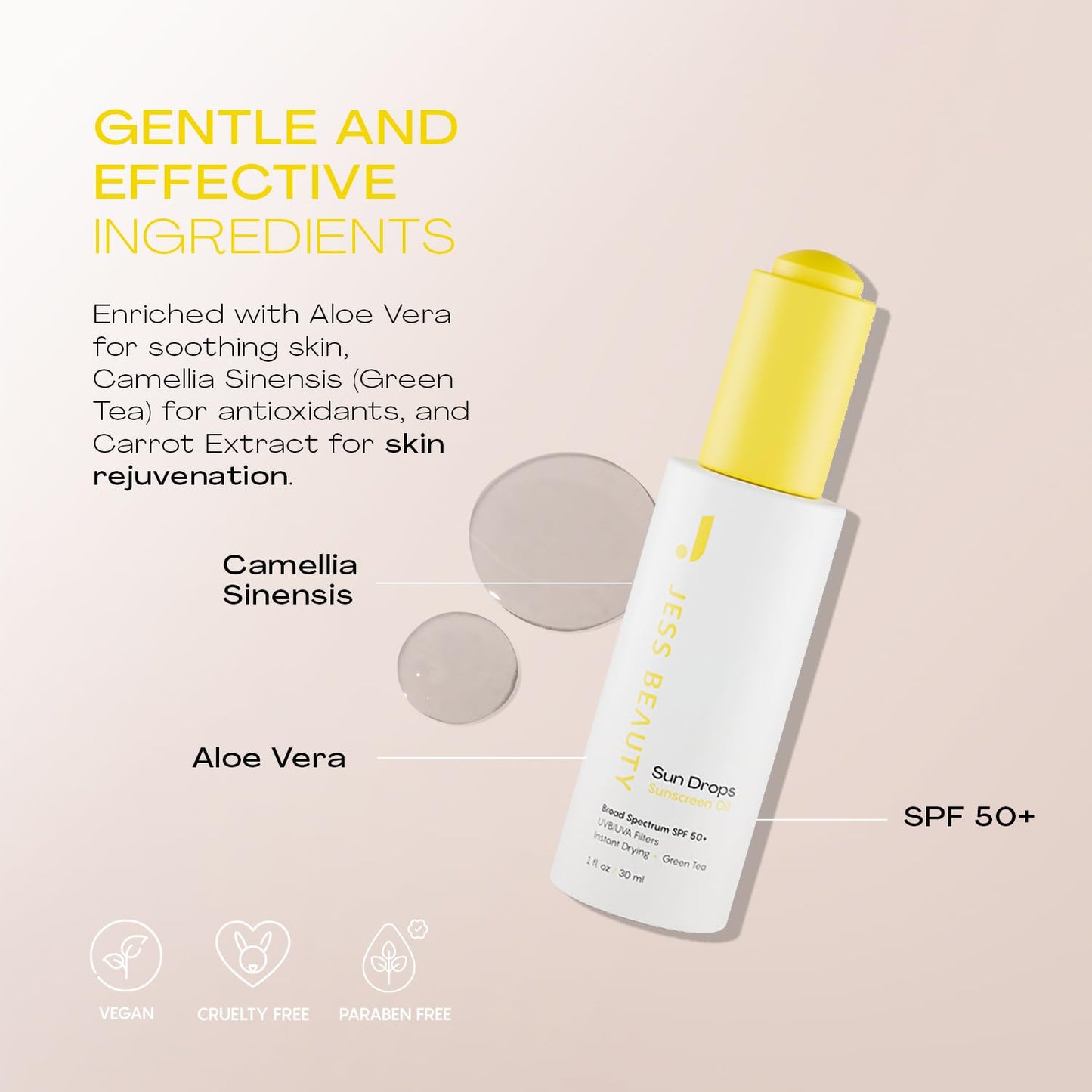 JESS BEAUTY | Face Sunscreen Sun Drops SPF 50 Skin Care Oil with Camellia Sinensis & Squalane | Skincare Fast Drying 1 fl. oz