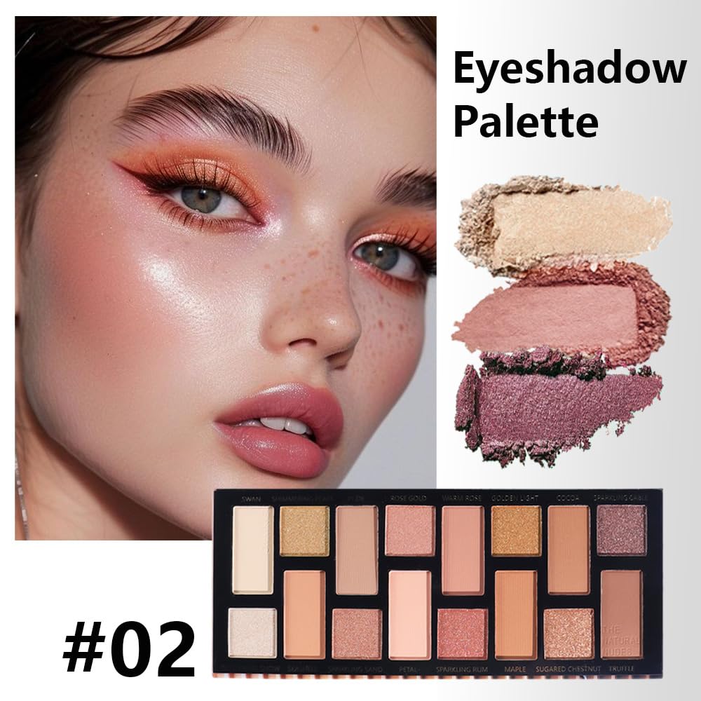 Sixteen Color Matte Shimmer Eyeshadow Makeup Palette, Nude Rose Red Brown Purple Coffee Yellow 16 Color Series, Daily Life & Prom Velvety Matte Glitter Finish Eye Makeup Looks,Vegan & Cruelty-Free 02