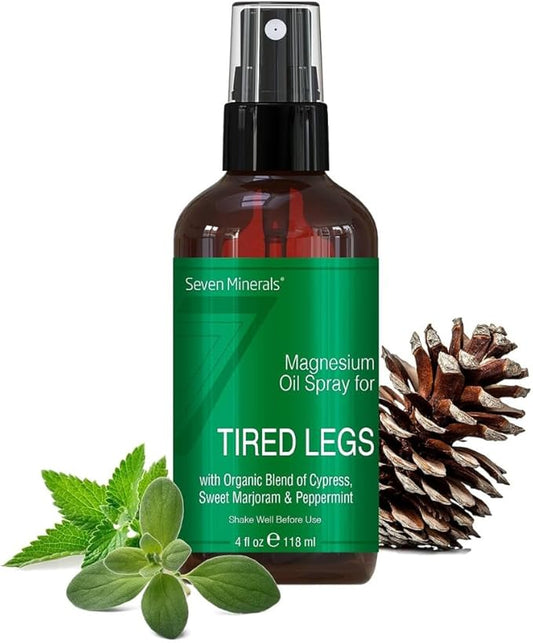 Seven Minerals Magnesium Oil Spray - Powerful USA Made Blend with Essential Oils (Cypress, Sweet Marjoram and Peppermint) - Free Ebook Included (4 fl oz)