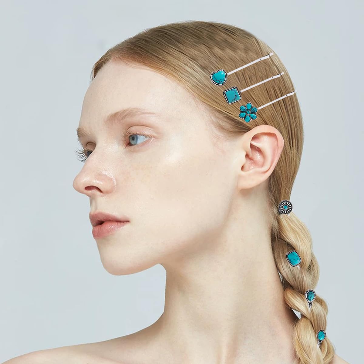 7 PCS Turquoise Retro Decorative Bobby Pins Silver Metal Hair Clips Vintage Alloy Hair Pins for Women Girls Headwear Styling Tools Barrettes Hair Accessories