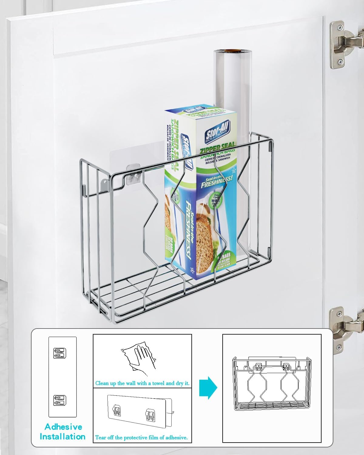 YQh Kitchen Cabinet Organizer, Cabinet Door Storage, Pantry Door Wall Mounted Packaging Organizer, For Cutting Boards, Sandwich Bags, Aluminum Foil Storage, Durable Stainless Steel Material