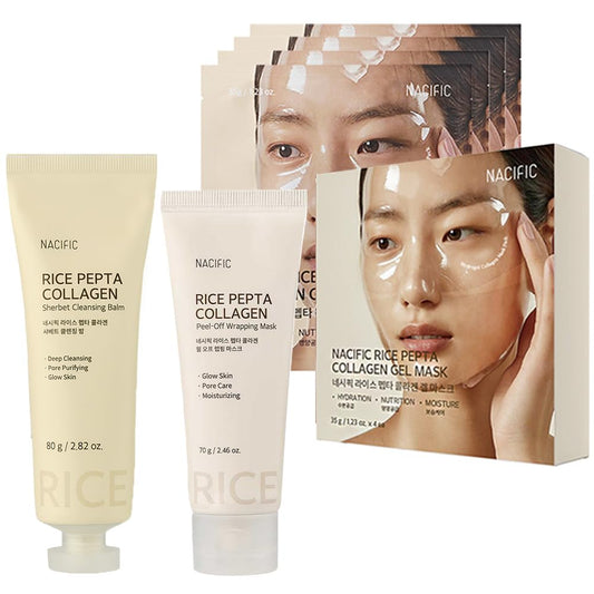 NACIFIC Rice Pepta Collagen Skincare Set – Cleansing Balm, Gel Mask & Peel-Off Wrapping Mask | Korean Glass Skin Routine Kit for Hydration, Pore Care, Brightening & Sensitive Skin