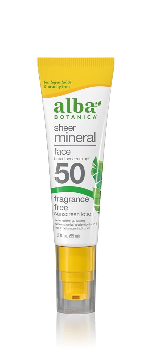 Alba Botanica Sunscreen for Face, Fragrance-Free Sheer Mineral Face Sunscreen Lotion, Broad Spectrum SPF 50, Water Resistant and Biodegradable, 2 fl. oz. Bottle (Packaging May Vary)
