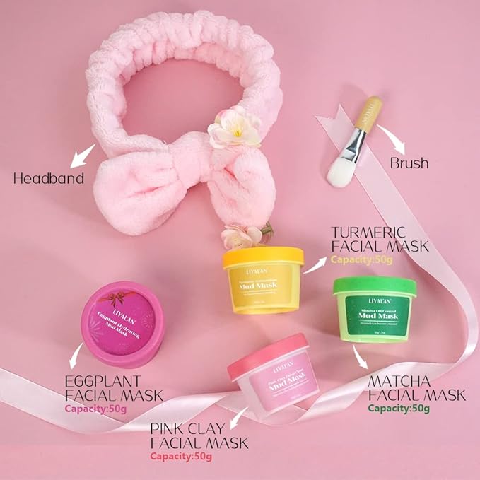 LIYALAN Face Clay Mask Set,Matcha Facial Mud,Eggplant Rose Face Skin Care, Turmeric Acne Facial Masks Gifts for Women, Deep Cleansing Pink 1.76 oz 4 pack