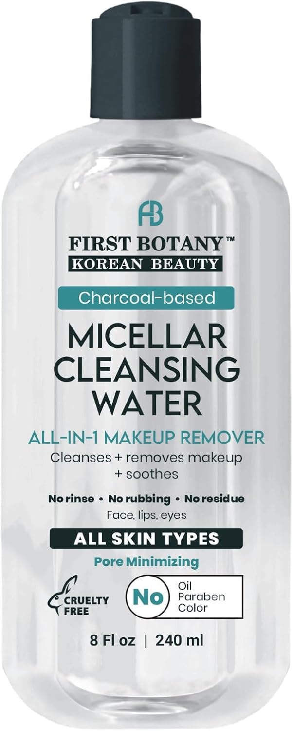 Korean Micellar Water Makeup Remover - Charcoal Hydrating Toner and Cleanser, Pore Cleansing,Oil-Free, Gentle for All Skin Types 8 oz,